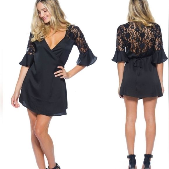 Black Satin Look Mini Dress - Picture 1 of 8